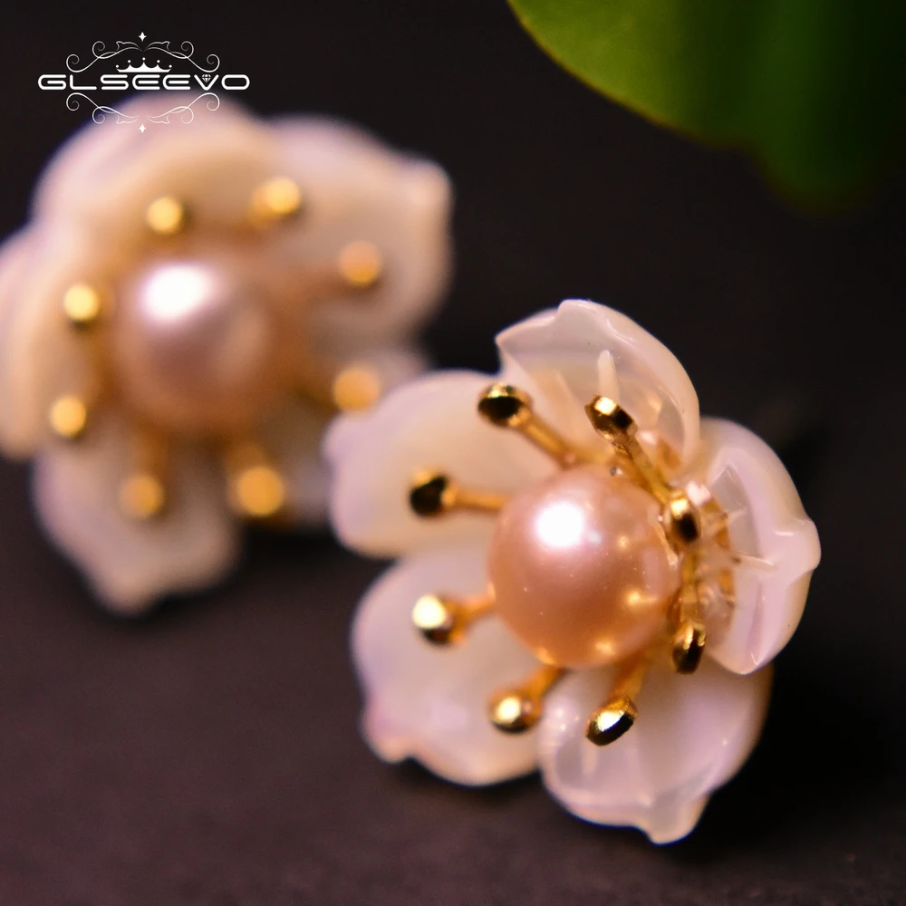 

XlentAg Real 925 Sterling Silver Stud Earrings For Women Natural Freshwater Pearl Shell Flower Piercing Earrings Handmade GE0002