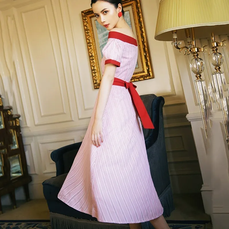 TWOTWINSTYLE Striped Women's Dress Slash Neck Puff Sleeve Tunic High Waist A-Line Midi Dresses Female Summer Vintage Clothes New | Женская