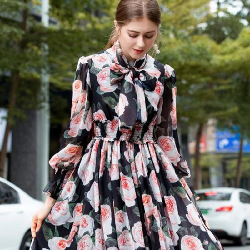 2020 spring summer long sleeve floral print chiffon elegant holiday o-neck waist elastic new arrival exquisite ladies dress | Женская