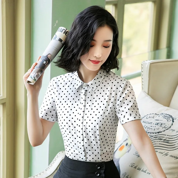 Женская блузка в горошек голубая рубашка с коротким рукавом офисная одежда