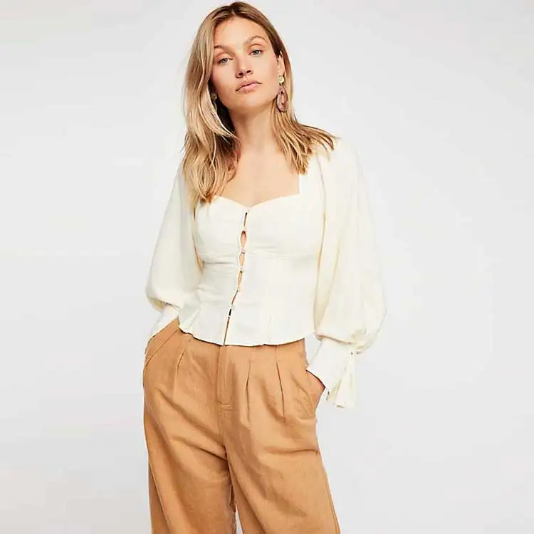 Винтажная вдохновленная женская рубашка приталенная Объемная блузка с рукавами