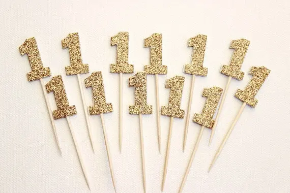 

First Birthday Cupcake Toppers. Gold or Silver Glitter. 1st Birthday - First Birthday - Anniversary.Custom number
