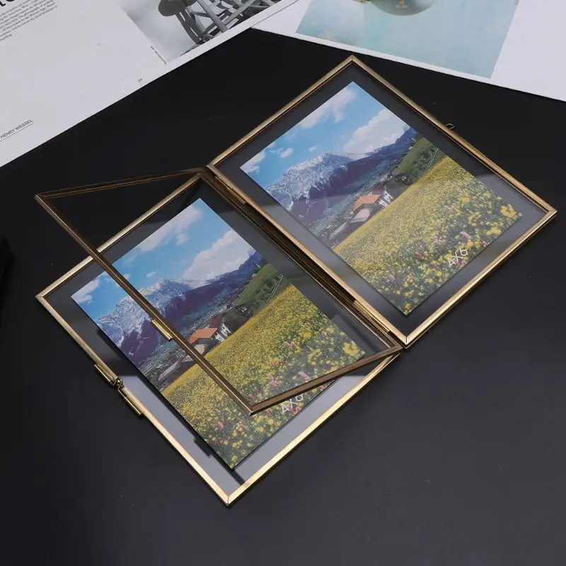 Ретро медная Стеклянная фоторамка настольное украшение образец растения или фото двухсторонний стенд