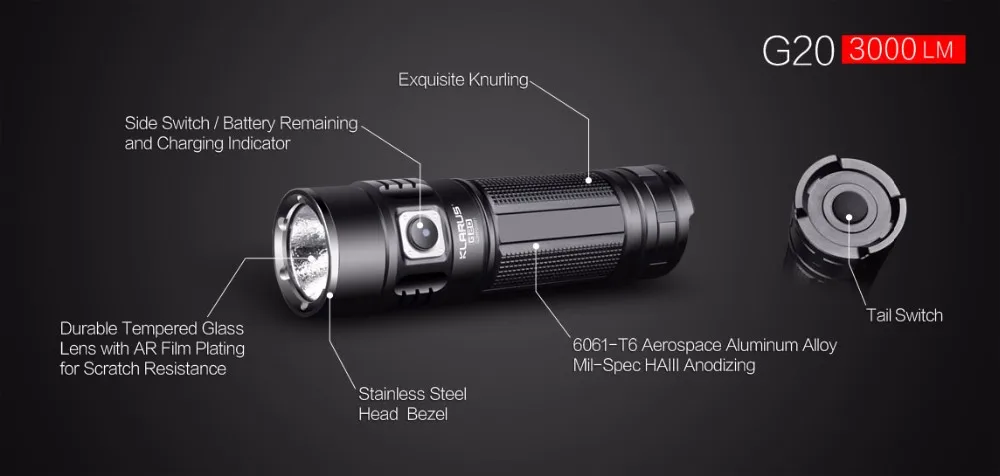 Перезаряжаемый фонарик KLARUS G20 CREE XHP70 N4 светодиодный 3000 люмен двойной переключатель Высокий люмен уличный фонарик+ 5000 мАч аккумулятор+ кабель
