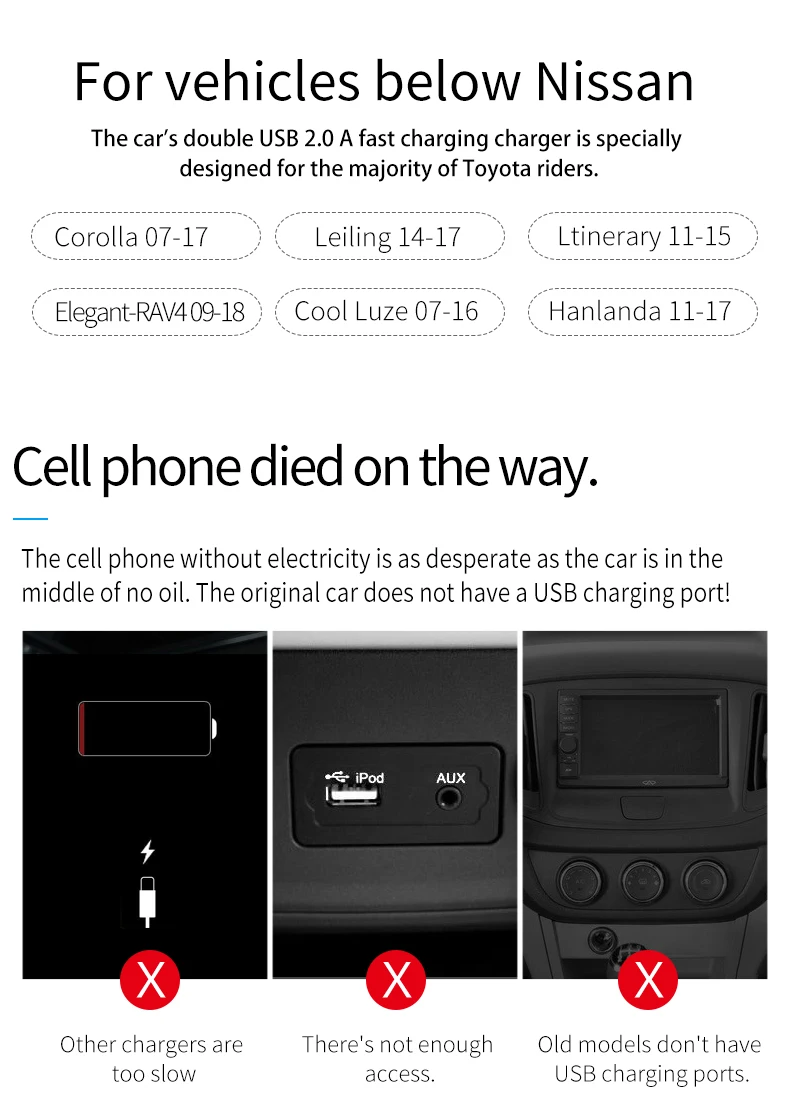 Автомобильное USB зарядное устройство Быстрая зарядка 2.0A 220 В 2 порта USB2.0 для iphone Micro usb type C Зарядка для телефона Nissan Все модели универсальные