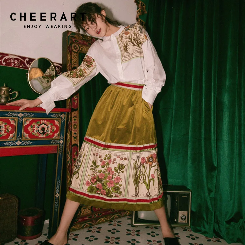 Женская бархатная юбка миди Cheerart зеленая длинная юбка-трапеция с завышенной