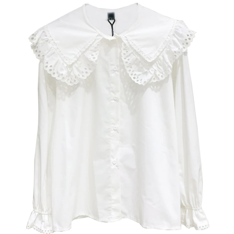 Sweet Doll Lace Collar Blouses Women Cute Loose Shirt Tops Long Sleeve Cotton White Shirts Selvedge Embroidery Lace stitching