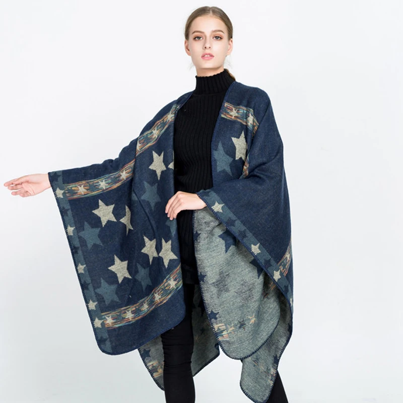 Fashion Women Cardigan New Autumn Multicolor Spelling Color Geometry Scarf Imitate Cashmere Cloak Joker Shawl Loose Coat CK215 |