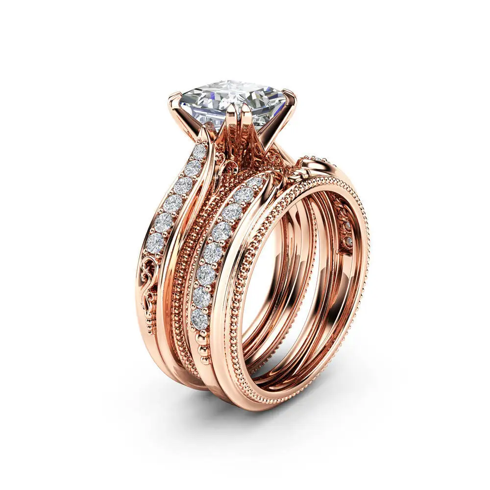 

Rose Gold Ring Set Sparking Inlaid Zircon Promise Rings Wedding Band Jewelry Engament Ring Anillos Fashion Accessories