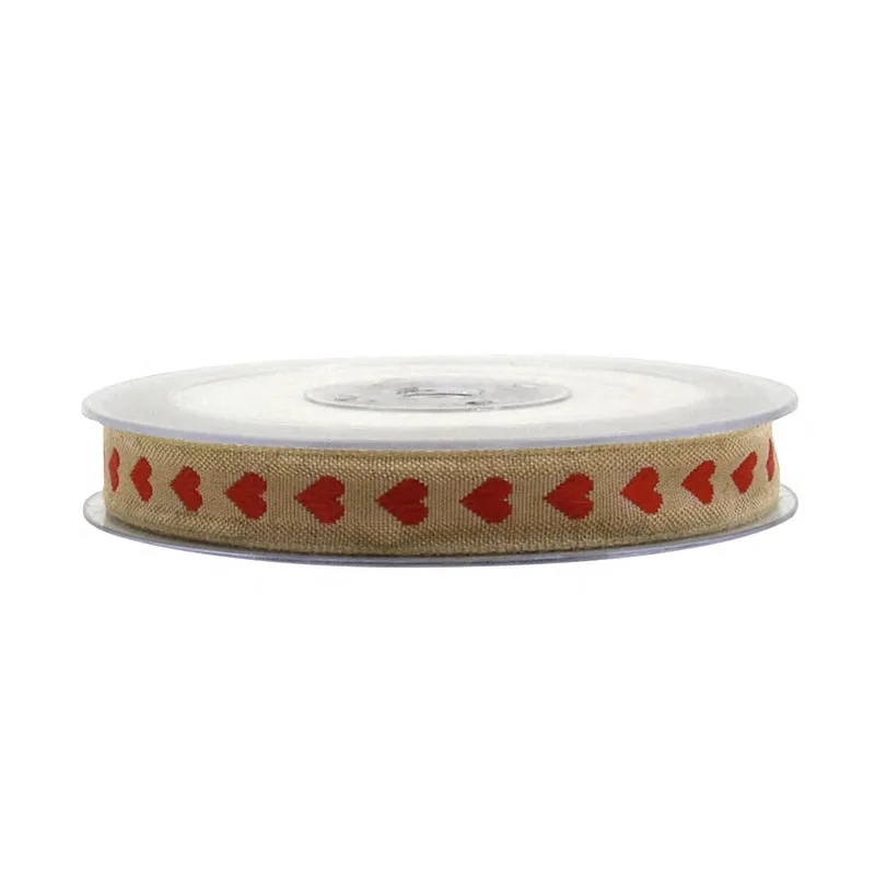 5Yards 15mm Heart Jute cotton Satin Ribbon Tape For Needlework Craft Decarotions Print Ribbons Handcraft DIY Bow