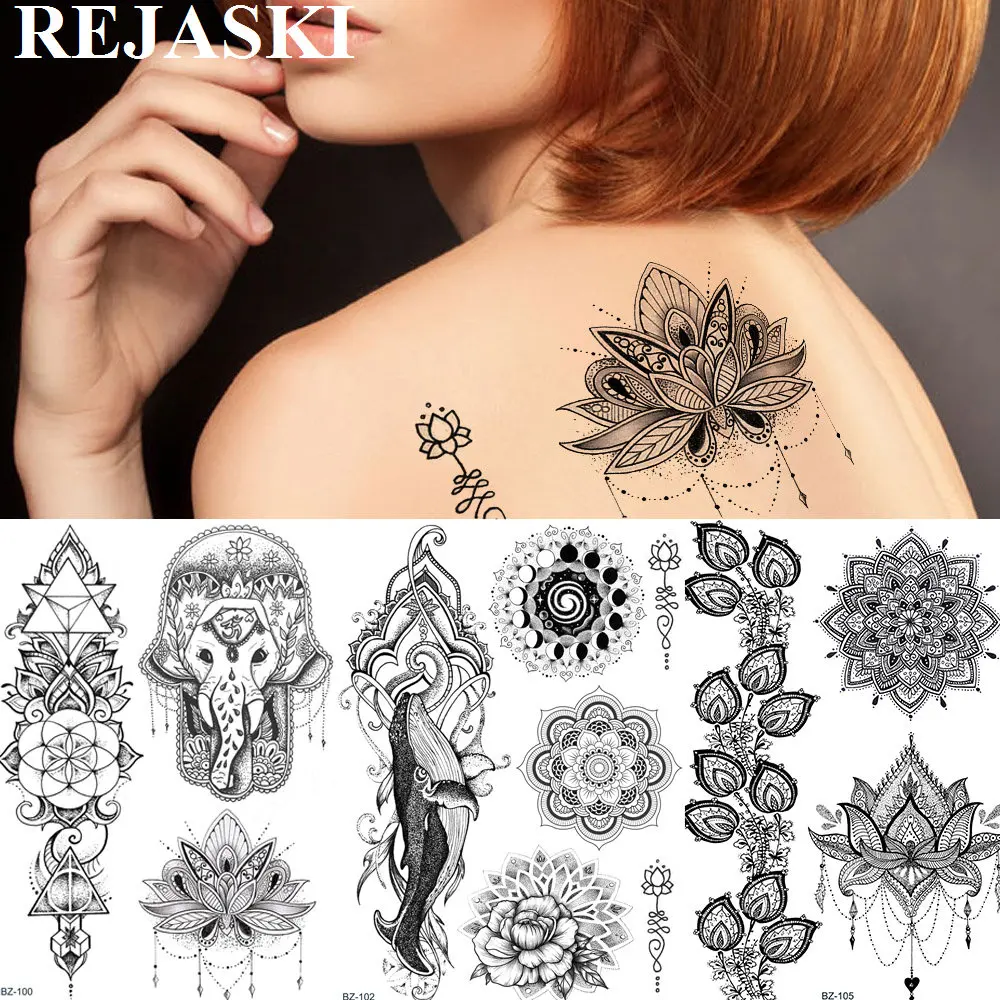 Временные татуировки REJASKI с цветком мандалы для женщин наклейки из черной хны
