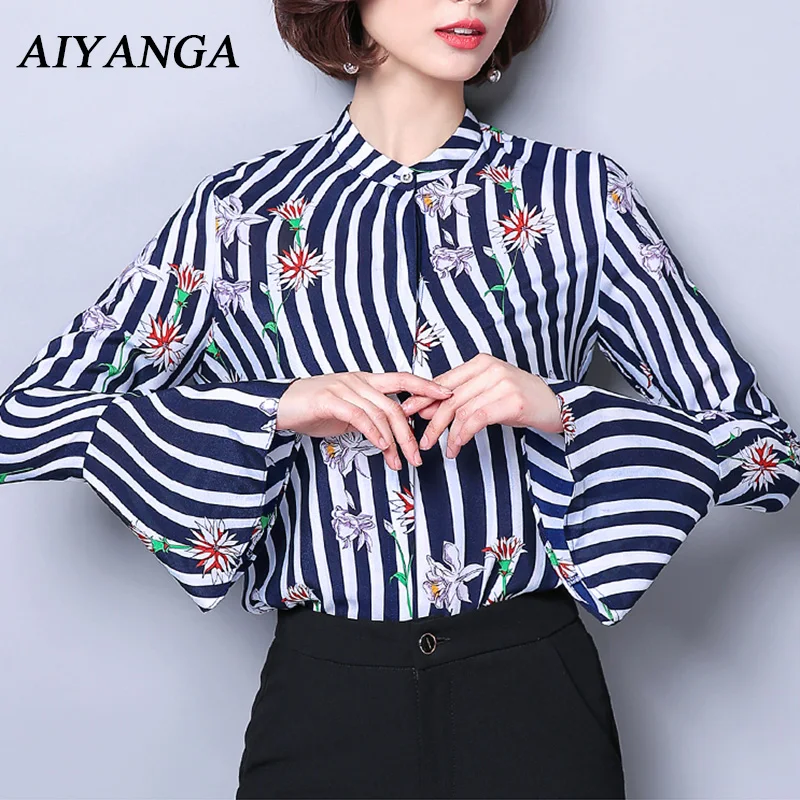Блузка женская шифоновая в полоску с длинным рукавом весна лето|blouses for women|chiffon