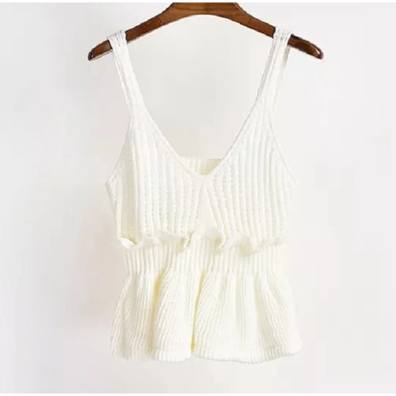 Для женщин трикотажное эластичное Ruffled Crop Топы кофта с v-вырезом без рукавов с открытой спиной Туника женская майка лето сексуальный топ Для женщин