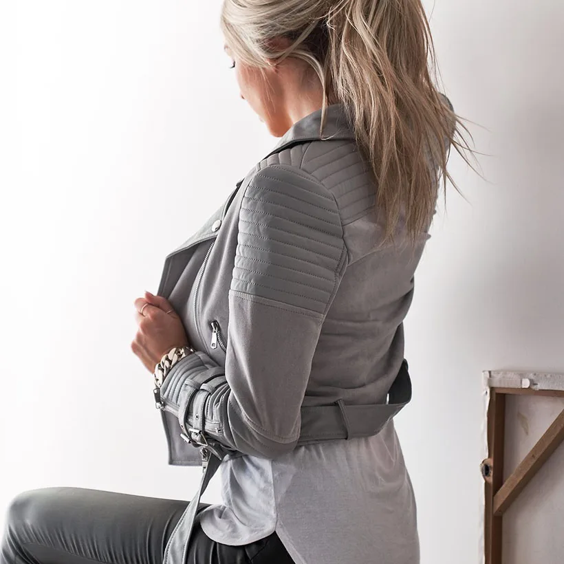 Женская кожаная куртка Ellacey Черная/серая с отложным воротником из искусственной