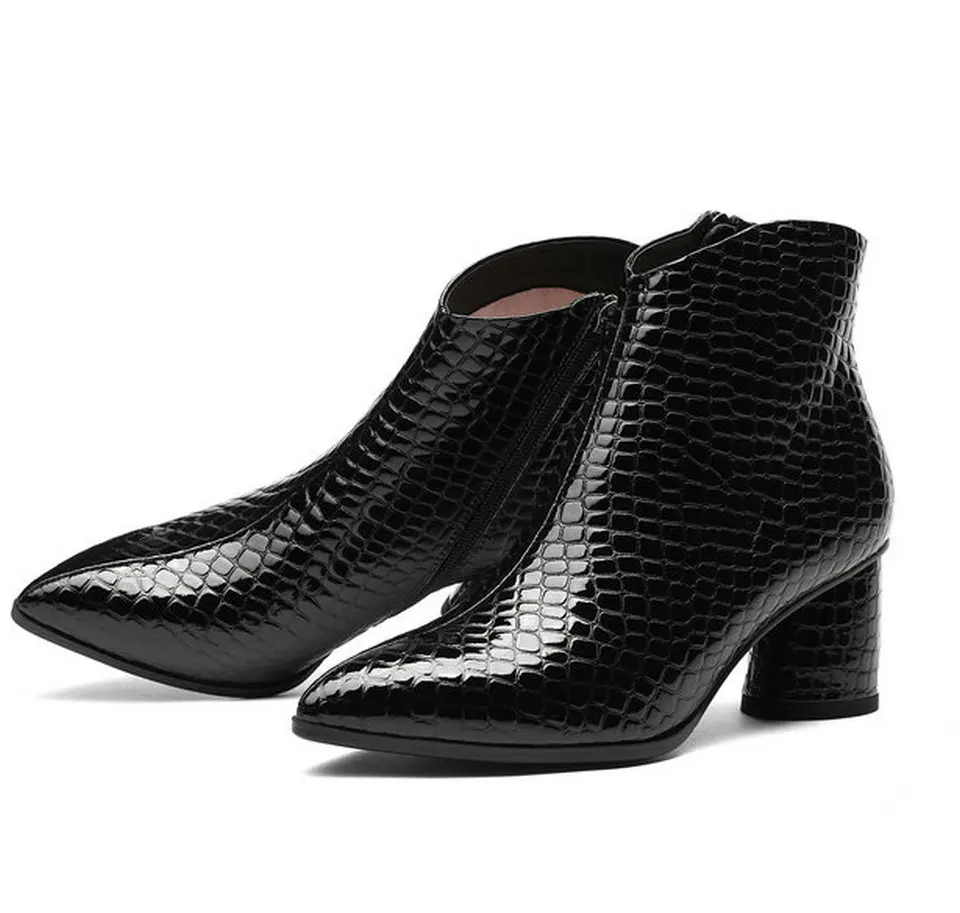 

EshtonShero Women Ankle Boots Shoes Woman Genuine Patent Leather+ PU Zipper Pointed Toe High Heel Ladies Wedding Boot Size 3-11