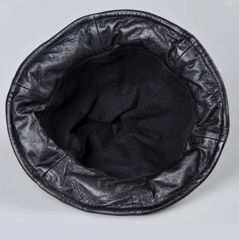 NEW Exclusive Unisex Vintage Black Genuine Leather Pot Wizard Hat Wome/Men Casual Street Big Brim All Saints' Day Beanies Caps