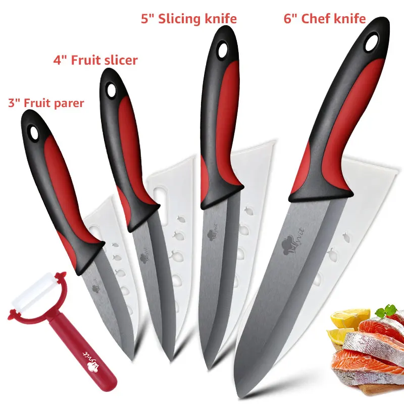 3456 RED Black Кухонный керамический нож 3, 4, 5, 6 дюймов+ Овощечистка шеф-повара, нож для нарезки фруктов и овощей, черное лезвие, кухонный инструмент для приготовления пищи - Цвет: 3456 RED Black