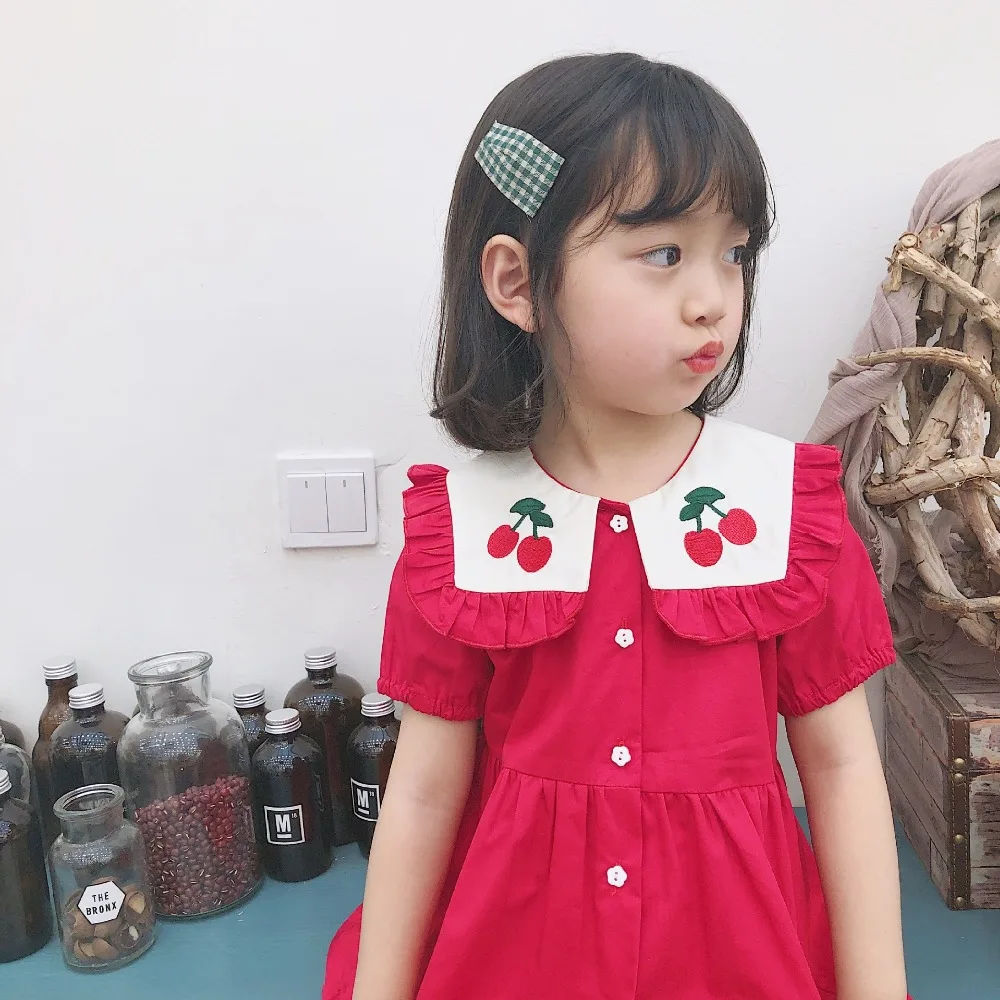 Summer Cherry Embroidery Baby Girls Princess Dress Cotton Sailor Collar Toddler Kids Red Dreses Clothes | Детская одежда и обувь