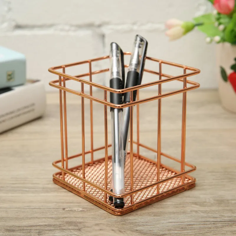 New-Rose Gold Wire Net Pencil / Pen Cup Square Iron Mesh Stationery Organizer Desk Sorter For Office Home Sch | Канцтовары для