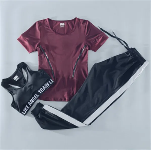 3 piece set i Летний женский спортивный комплект из 4 предметов для бега, быстросохнущая футболка+ бюстгальтер+ сетчатые шорты+ штаны, костюм для фитнеса, спортзала, йоги, одежда для тренировок - Цвет: 3 piece set i