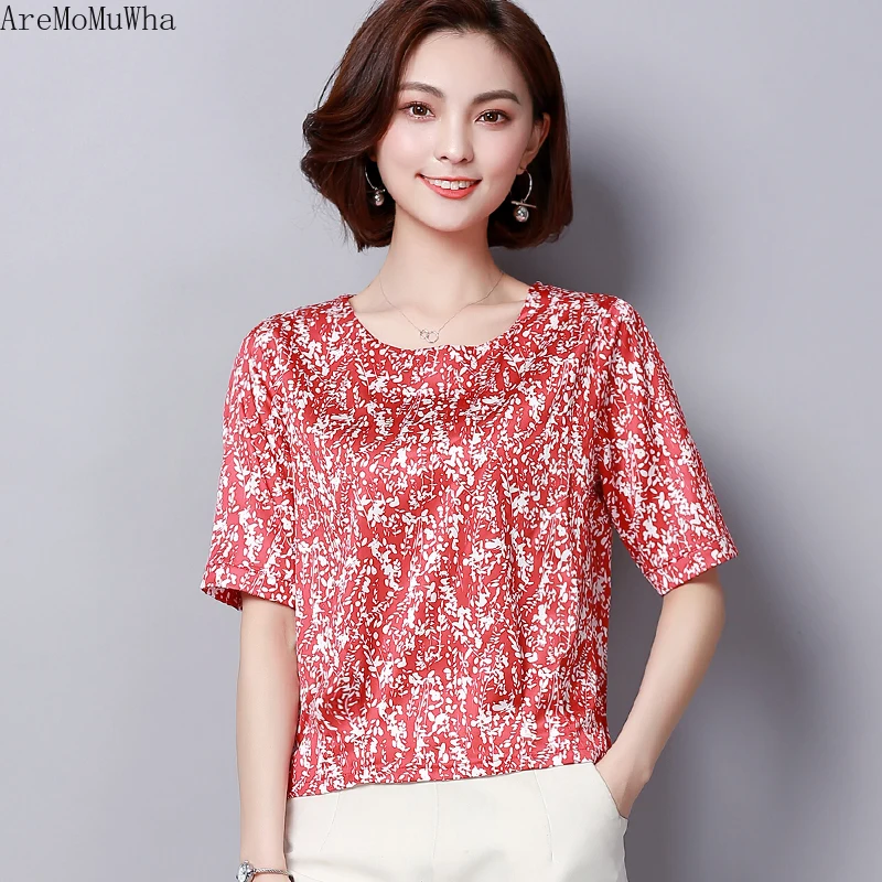 AreMoMuWha Silk Satin Short-sleeved Shirt 2019 Summer New Fashion Small Slim M-4XL shirt Female Womens Shirts MH257 | Женская одежда