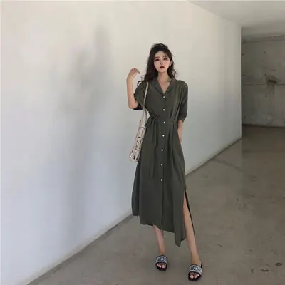 Корейское летнее платье, женская одежда, свободный костюм, воротник с Боковым Разрезом, половина рукава, повседневные пляжные платья, пояс на талии, миди платье для женщин - Цвет: green