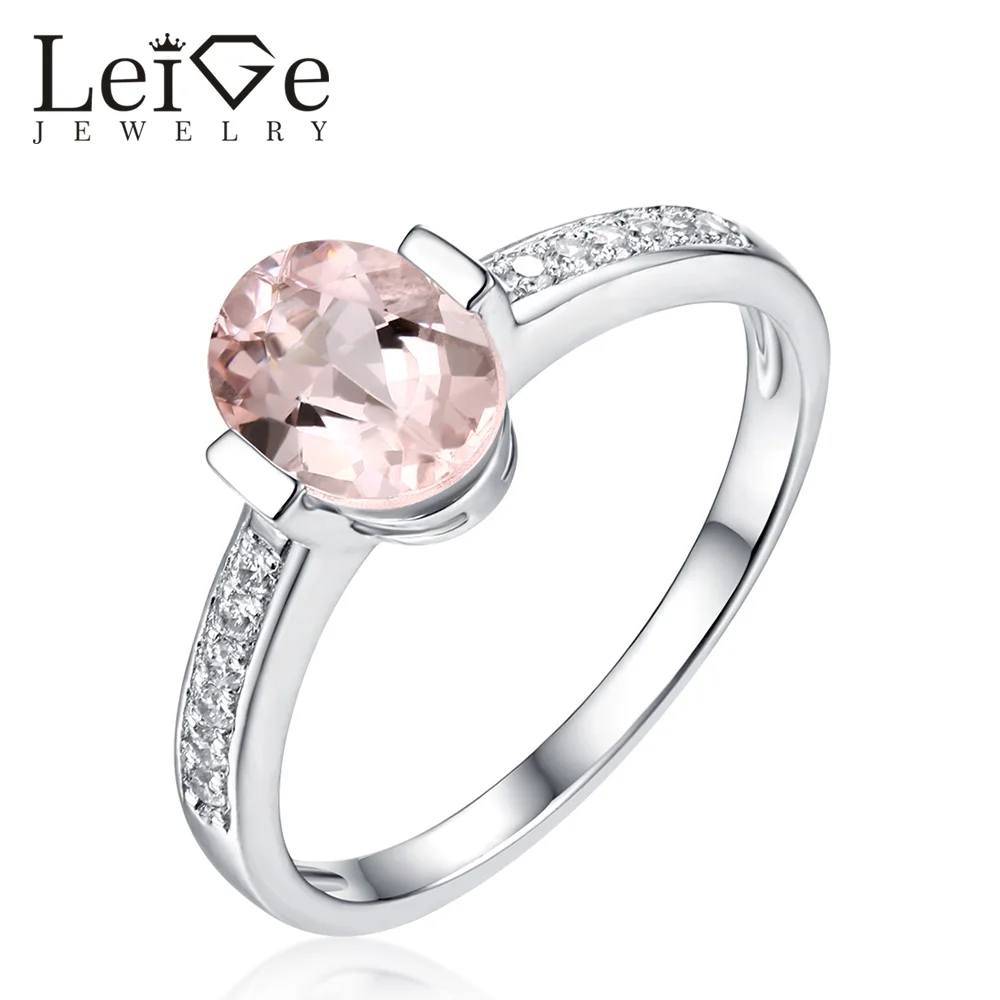 

Leige Jewelry Oval Cut Pink Morganite Ring Natural Gemstone 925 Silver Rings for Women Wedding Romantic Promise Anniversary Gift