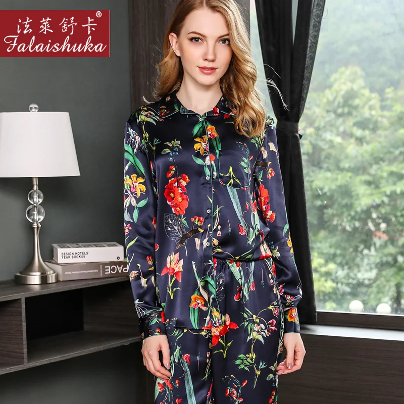 Woment Sexy Silk Stain Pajama Set Two Piece 100% Silk Pajamas Sets Sleeping Wear Flower Nightwear pijama feminino Sleepwear Set