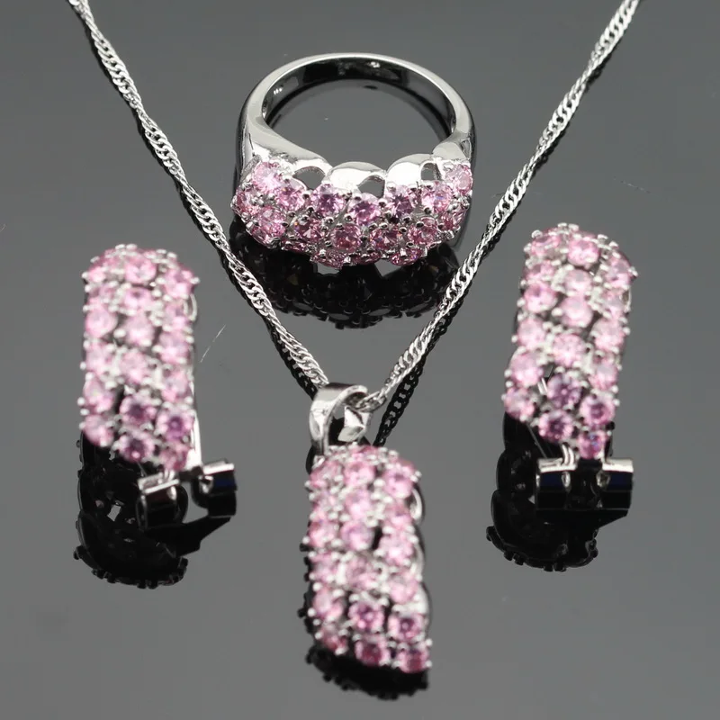 Рождественские серебряные Ювелирные наборы для женщин розовое ожерелье с