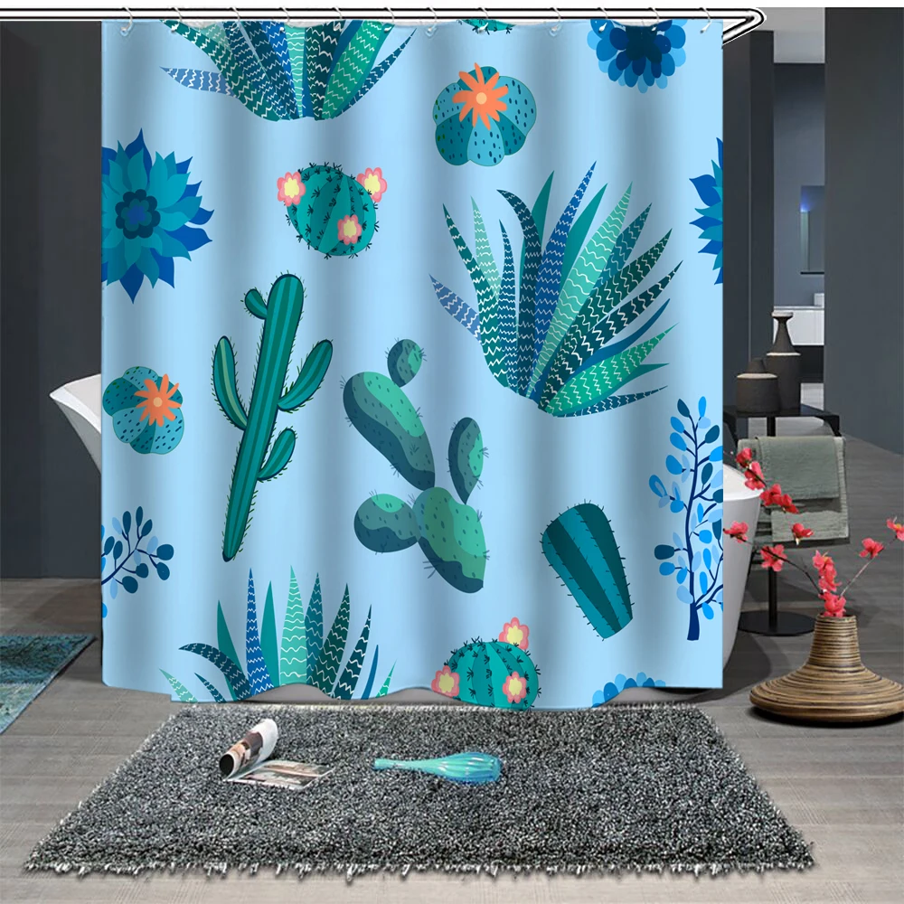 

Custom Made Shower Curtain Bathroom Curtain Partition 1.5 x 1.8m 1.8 x 1.8m 1.8 x 2m Floral Cactus Blue