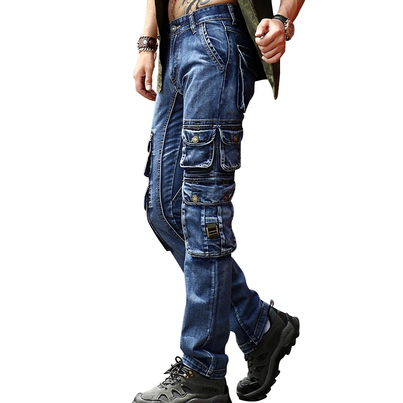 

Джинсы-карго ABOORUN мужские тактические, Брендовые брюки из денима со множеством карманов, повседневные уличные штаны, x1647