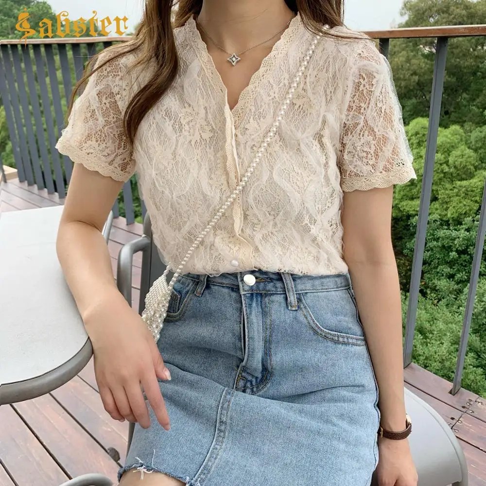 Женская кружевная блузка с коротким рукавом и V-образным вырезом | одежда
