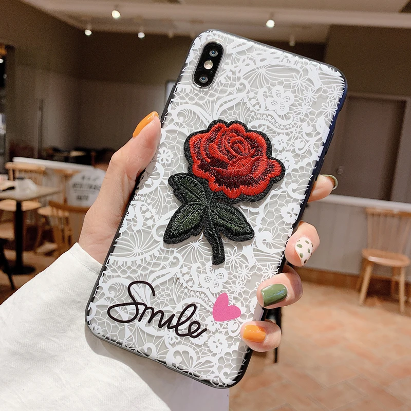 Модный чехол с длинным ремешком и кружевной вышивкой розы для iPhone XS MAX X 6s 7 8 XR Plus 6 5