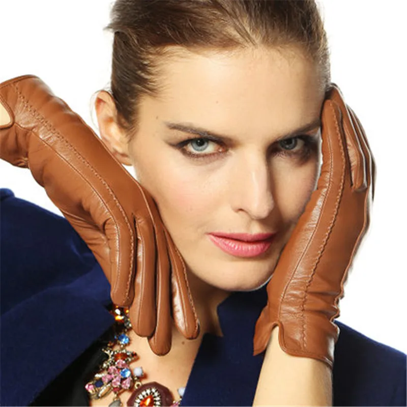 leather brown Лидер продаж, женские перчатки из натуральной кожи, женские осенне-зимние Утепленные бархатные модные трендовые перчатки из овчины, L085NC-1 - Цвет: leather brown