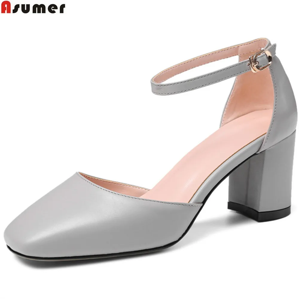 

Asumer apricot gray fashion spring autumn new shoes woman buckle square toe single shoes genuine leather high heels shoes