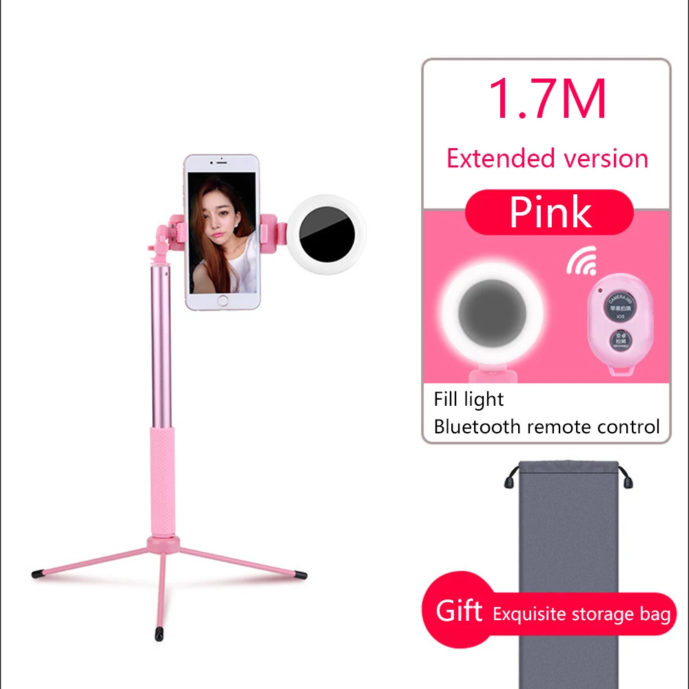 Pink 3 в 1 селфи палка ручной штатив с заполняющим светом Bluetooth пульт дистанционного управления Выдвижной Монопод универсальный для iPhone Sumsang Huawei - Цвет: Pink