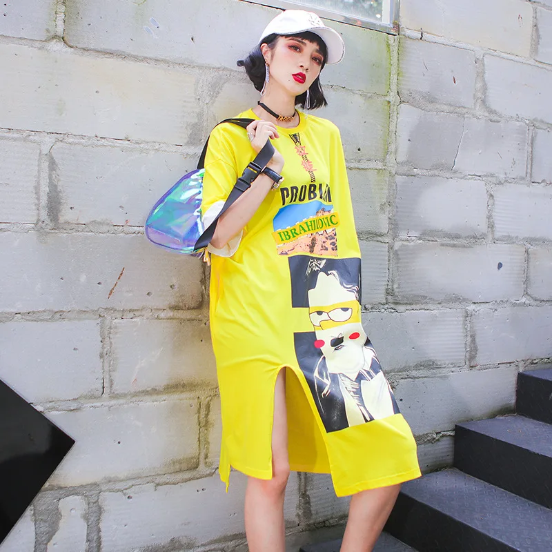 Платье женский новый летний желтый клоун платье 2018 Сторона Сплит Марли печати