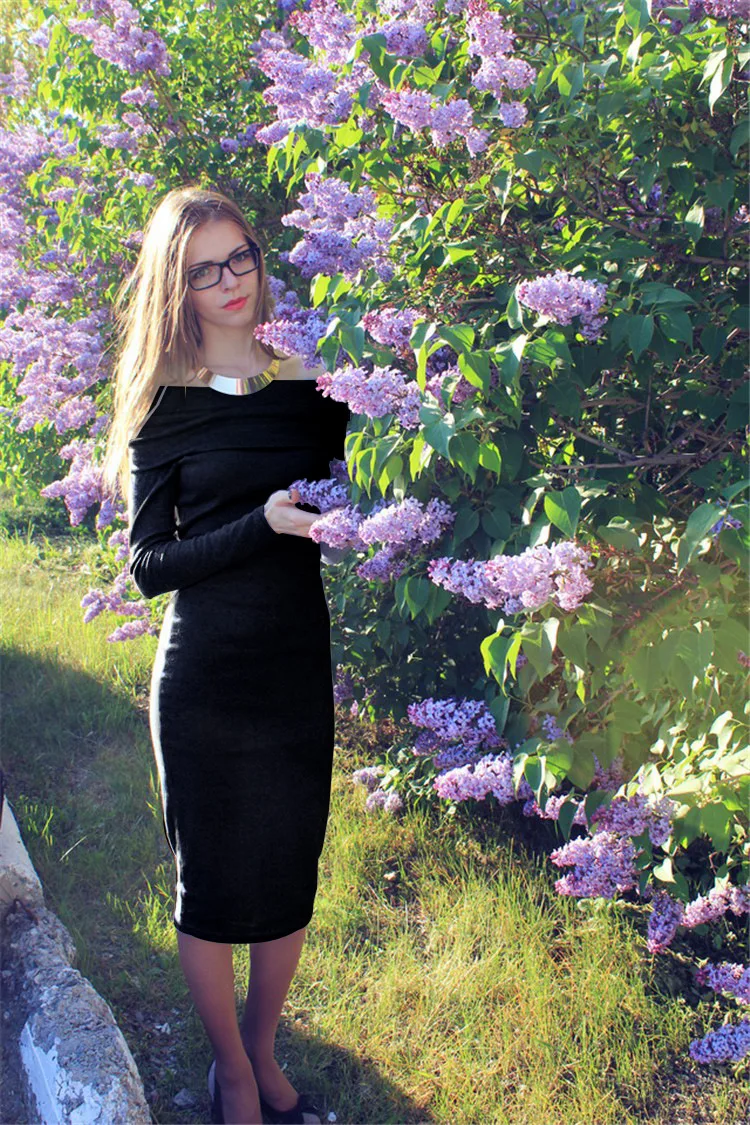 Женщины Sexy Dress Зима Элегантный Длинным Рукавом Slash Шеи Платье De Festa Оболочка Пакет