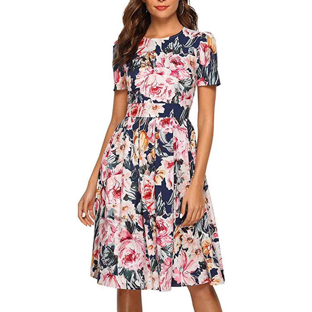 2019 новое летнее платье модное женское повседневное розовое с круглым вырезом и