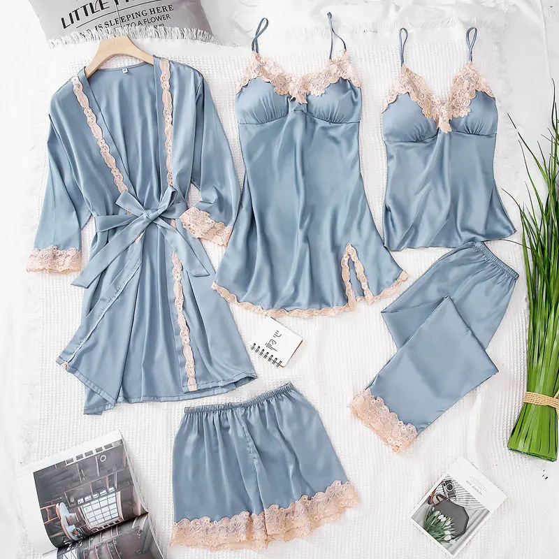 SILKBEUTY пижамы женские пять комплект летний жилет+ халат ночная рубашка брюки шорты для женщин лед Шелковая пижама