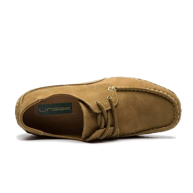 LINGGE Brand Men'S Shoes Big Size 100% Genuiner Leather Lace-Up Rubber Non-Flip Handmade Shoe Vintage | Обувь