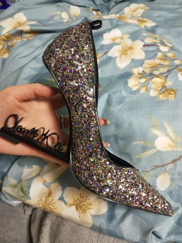 black sequins Серебристыми блестками странное письмо на высоком каблуке Для женщин насосы носок Ремешок на щиколотке со стразами для подиума туфли под платье для вечеринки или свадьбы женские туфли - Цвет: black sequins
