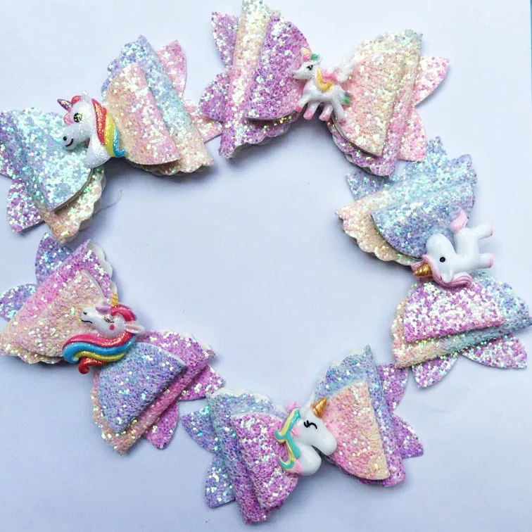 Hair Accessories Bows for Girls Shiny Glitter Clips 3'' Cute Elk Unicorn Hairpins Kids Princess Accessory | Детская одежда и