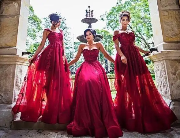 

2020 Dark Red Lace Applique BeadA-Line Long Bridesmaid Dresses Arabic Sexy Evening Prom Dress Gowns Plus Size Party Gowns