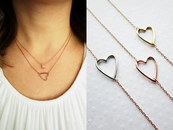

10PCS Tiny Line Hollow Out Open Heart Necklaces Simple Geometric Wire Wrapped Love Heart Chain Necklaces for Women Mom Couples