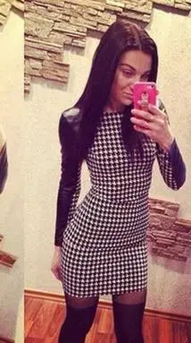 2015 мода платье женщины европейский стиль тонкий Bodycon с длинными рукавами плед