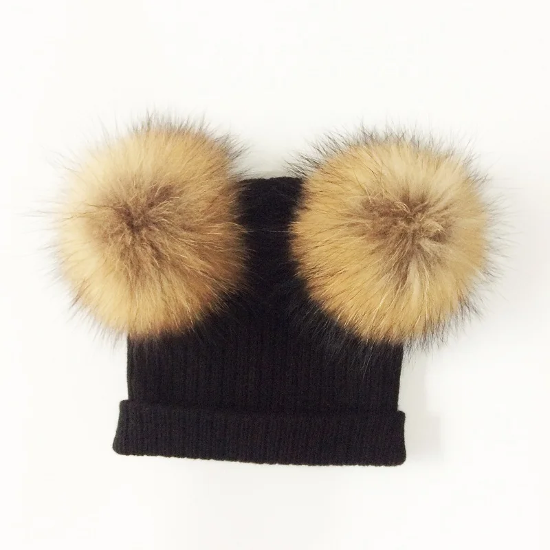 Baby Hat Natural Raccoon Fur Baby Cap Two Pompom Kids Caps Winter Children's Hats With Pompom