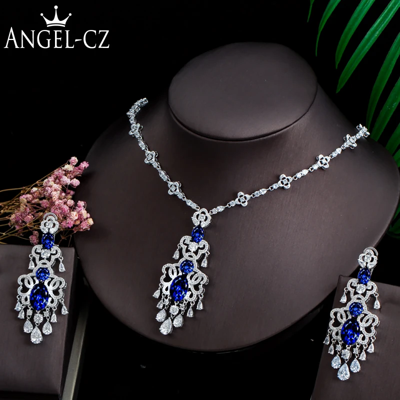 ANGELCZ нигерийская Свадебная бижутерия дизайн синий кубический цирконий эффектный кулон ожерелье серьги Благородный Свадебный комплект для ...