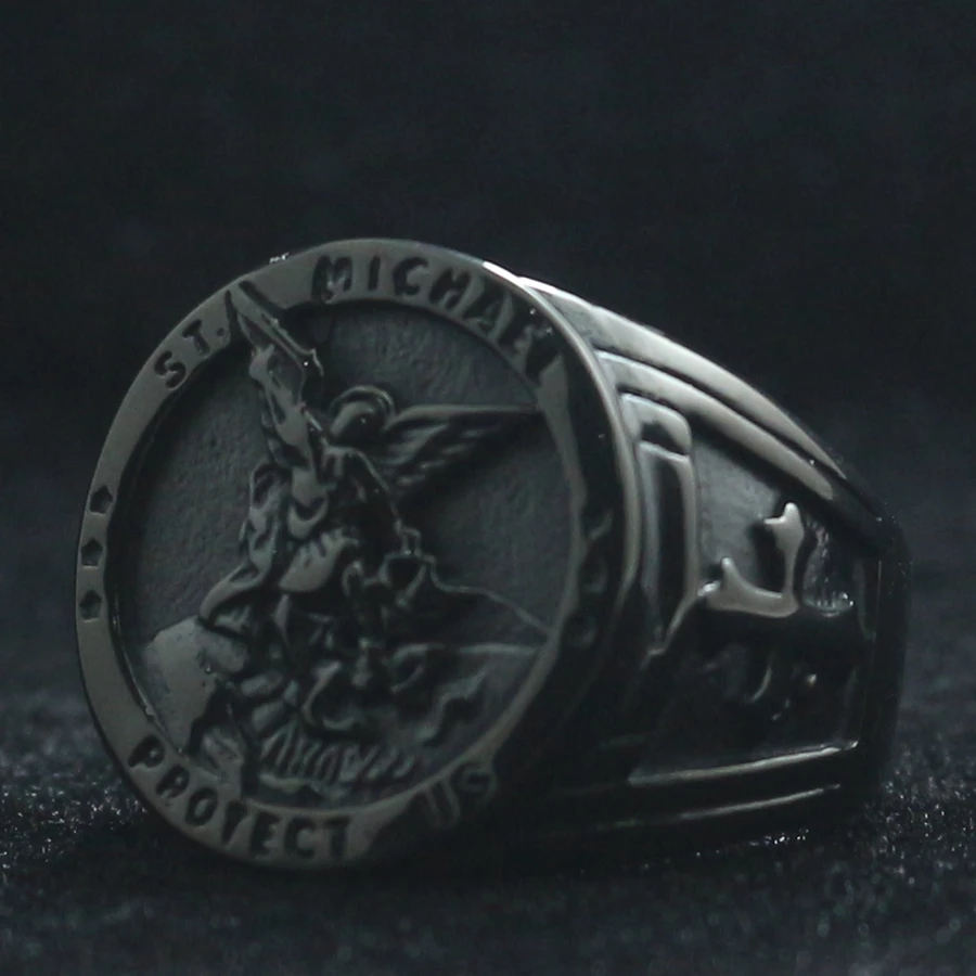 Унисекс 316L нержавеющая сталь крутой крест Saint Michael защитит нас черное кольцо