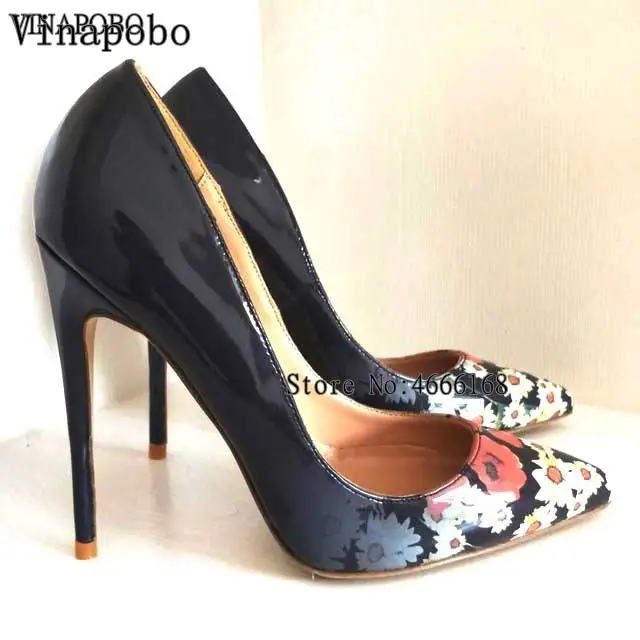 12cm heel Vinapobo/женские пикантные туфли-лодочки на высоком каблуке; женские офисные свадебные туфли с цветочным принтом без застежки с острым носком; модные женские туфли - Цвет: 12cm heel